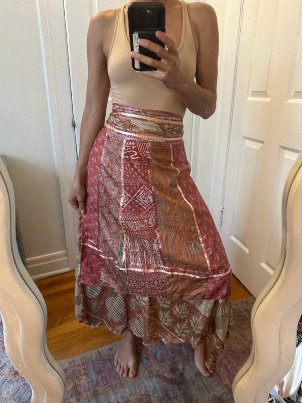 Silk Wrap Skirt in Tan and Cream Floral